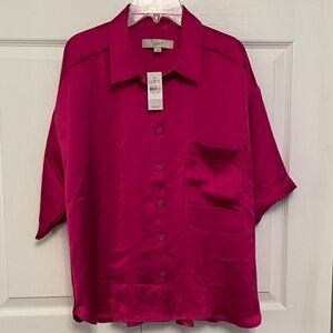 NWT $65 LOFT Bright Pink Button Down Shirt with Breast Pocket Silk Look Large